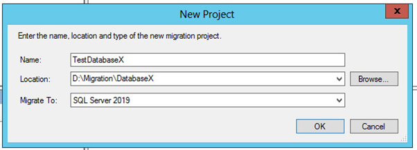 Microsoft SQL Server Migration Assistant for Oracle New Project name, location, and migration information form