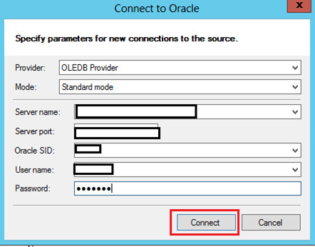 Microsoft SQL Server Migration Assistant for Oracle form for specifying parameters for new connections